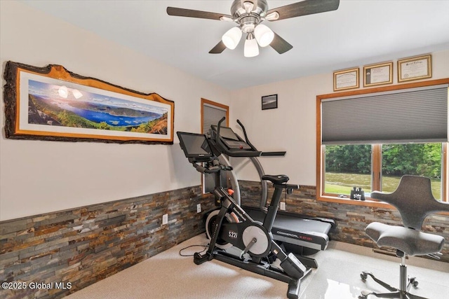 2158 State Route 29, Greenwich, NY 12834 - workout area with wainscoting, carpet flooring, and a ceiling fan