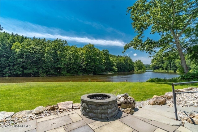 2158 State Route 29, Greenwich, NY 12834 - view of patio featuring a fire pit, a water view, and a forest view