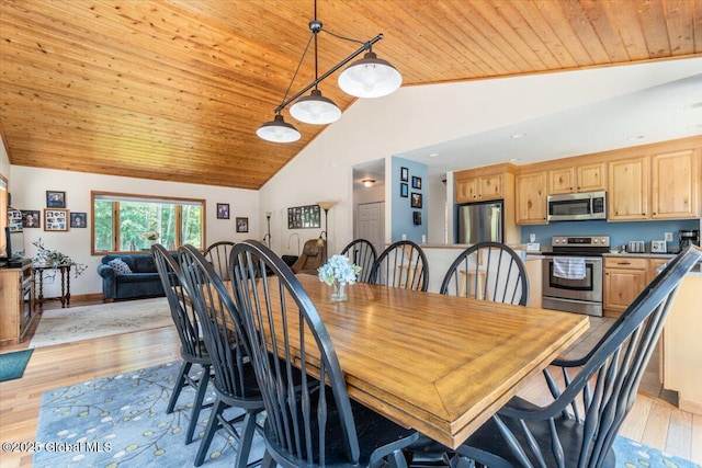 2158 State Route 29, Greenwich, NY 12834 - dining room featuring wooden ceiling, high vaulted ceiling, light wood-type flooring, and baseboards