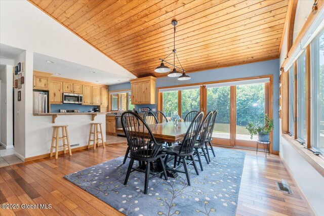 2158 State Route 29, Greenwich, NY 12834 - dining space with lofted ceiling, wood ceiling, light wood-style flooring, plenty of natural light, and baseboards