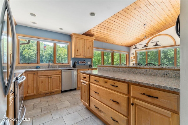 2158 State Route 29, Greenwich, NY 12834 - kitchen with appliances with stainless steel finishes, wooden ceiling, lofted ceiling, stone countertops, and light brown cabinetry