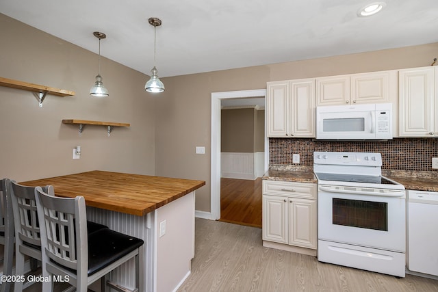 58 Old Loudon Rd, Colonie, NY 12110 - kitchen with white appliances, wooden counters, open shelves, light wood-style flooring, and tasteful backsplash