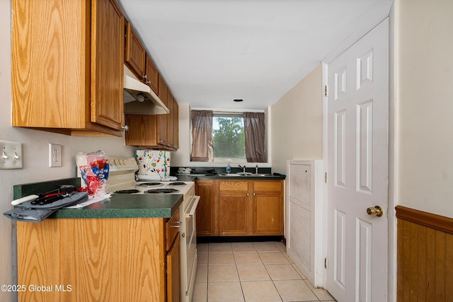 58 Old Loudon Rd, Colonie, NY 12110 - kitchen with electric range, under cabinet range hood, a sink, light tile patterned flooring, and brown cabinetry