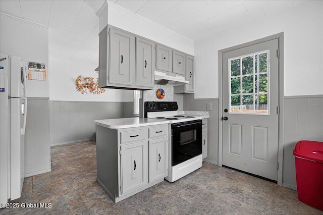 302 S William St, Johnstown, NY 12095 - kitchen with electric range, wainscoting, under cabinet range hood, light countertops, and freestanding refrigerator