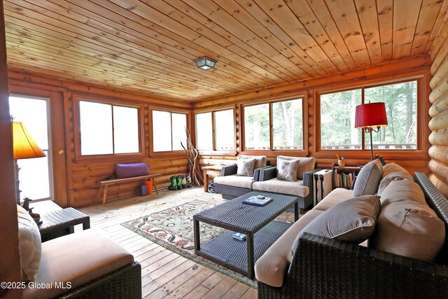 745 Adirondack Rd, Schroon Lake, NY 12870 - living area featuring plenty of natural light, wood ceiling, rustic walls, and light wood-style flooring