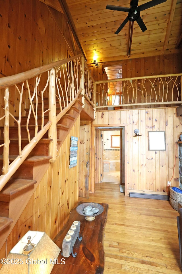 745 Adirondack Rd, Schroon Lake, NY 12870 - living area with wooden walls, hardwood / wood-style floors, ceiling fan, stairs, and wooden ceiling