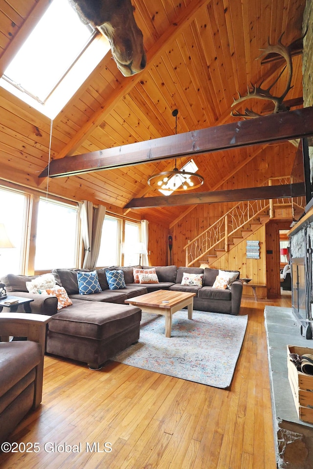 745 Adirondack Rd, Schroon Lake, NY 12870 - living room featuring hardwood / wood-style flooring, a skylight, wood ceiling, wood walls, and stairs