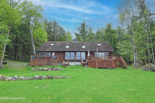 745 Adirondack Rd, Schroon Lake, NY 12870 - rear view of property with a wooden deck, a lawn, and stairway