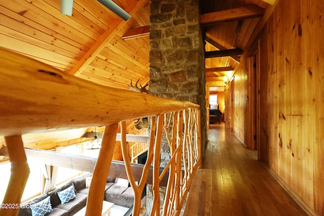745 Adirondack Rd, Schroon Lake, NY 12870 - corridor with wood-type flooring, wooden walls, and wood ceiling
