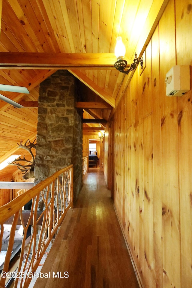 745 Adirondack Rd, Schroon Lake, NY 12870 - hallway with wooden ceiling, wood walls, and hardwood / wood-style floors