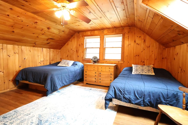 745 Adirondack Rd, Schroon Lake, NY 12870 - bedroom featuring lofted ceiling, wood finished floors, wood ceiling, wooden walls, and a ceiling fan