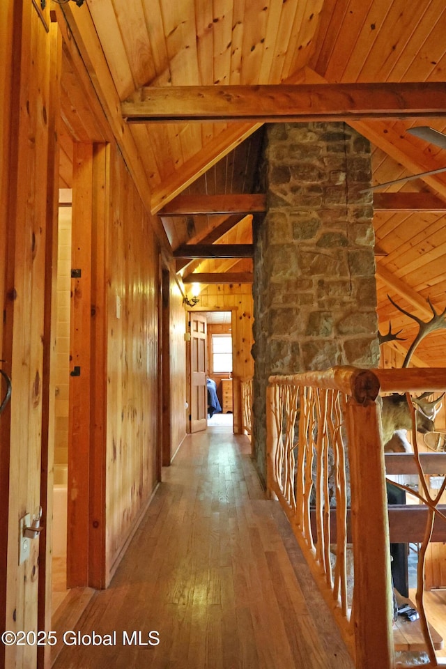 745 Adirondack Rd, Schroon Lake, NY 12870 - hallway with wooden ceiling, wood-type flooring, and wood walls
