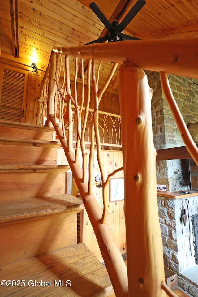 745 Adirondack Rd, Schroon Lake, NY 12870 - staircase with wooden ceiling with exposed beams and a ceiling fan