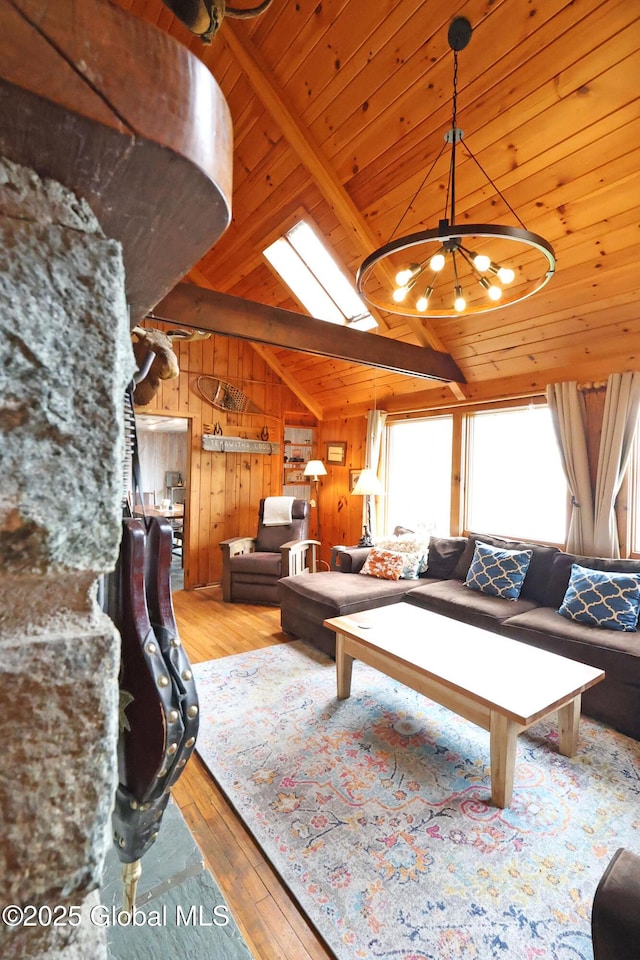 745 Adirondack Rd, Schroon Lake, NY 12870 - living area featuring wood-type flooring, wooden ceiling, wooden walls, and a chandelier