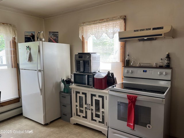 11 Williams St, Granville, NY 12832 - kitchen with white appliances, exhaust hood, ornamental molding, and baseboard heating