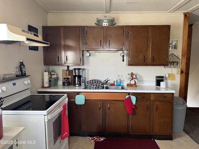 11 Williams St, Granville, NY 12832 - kitchen featuring white range with electric stovetop, under cabinet range hood, light countertops, a sink, and crown molding
