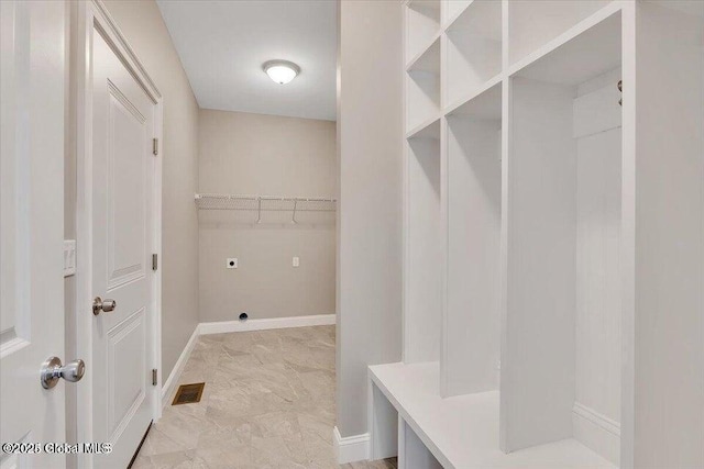 24 Nichols Rd, Wilton, NY 12831 - washroom featuring electric dryer hookup, light marble finish flooring, and baseboards
