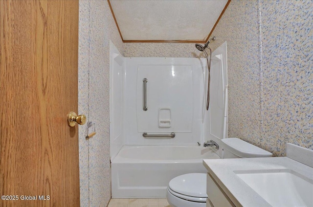 207 State Highway 5s, Florida, NY 12137 - bathroom featuring wallpapered walls, toilet, bathing tub / shower combination, vanity, and crown molding
