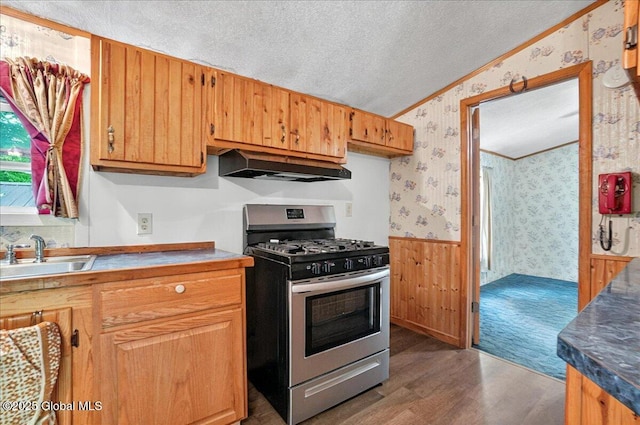 207 State Highway 5s, Florida, NY 12137 - kitchen with stainless steel range with gas stovetop, under cabinet range hood, wallpapered walls, a sink, and a textured ceiling