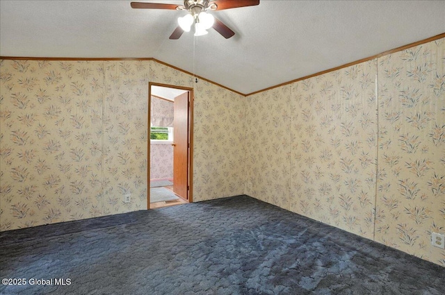 207 State Highway 5s, Florida, NY 12137 - carpeted spare room featuring a ceiling fan, crown molding, vaulted ceiling, and wallpapered walls