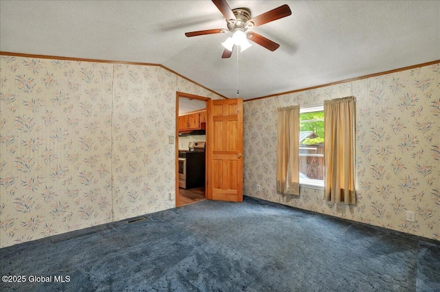207 State Highway 5s, Florida, NY 12137 - carpeted spare room with ornamental molding, ceiling fan, lofted ceiling, and a textured ceiling