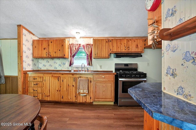 207 State Highway 5s, Florida, NY 12137 - kitchen featuring stainless steel gas range oven, a sink, a textured ceiling, dark wood-style flooring, and brown cabinets