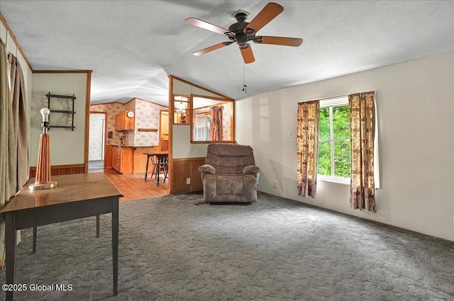 207 State Highway 5s, Florida, NY 12137 - carpeted living area with lofted ceiling, ceiling fan, and a textured ceiling