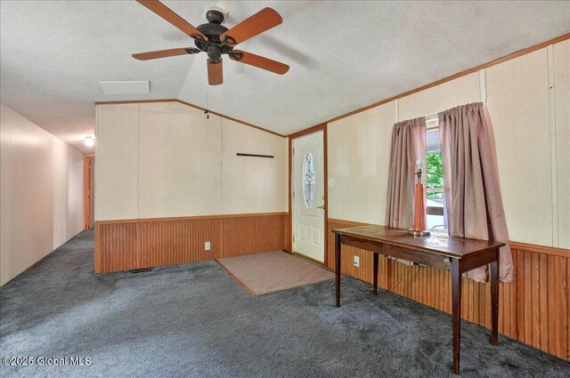 207 State Highway 5s, Florida, NY 12137 - unfurnished office featuring vaulted ceiling, wooden walls, a ceiling fan, carpet floors, and a textured ceiling