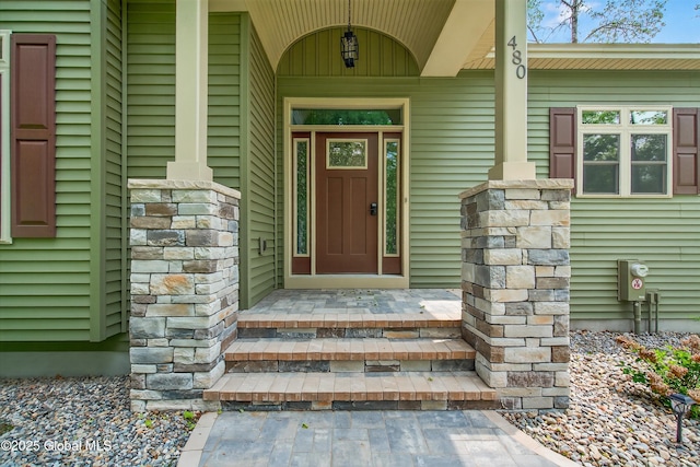 480 Selfridge Rd, Moreau, NY 12831 - doorway to property with stone siding and a porch