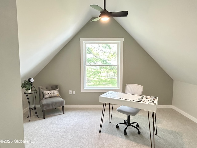 354 Mohawk Ave, Scotia, NY 12302 - home office featuring carpet, lofted ceiling, ceiling fan, and baseboards