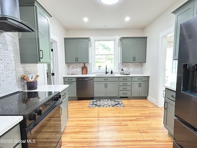 354 Mohawk Ave, Scotia, NY 12302 - kitchen featuring appliances with stainless steel finishes, wall chimney exhaust hood, backsplash, light countertops, and a sink