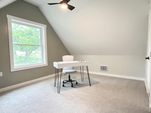 354 Mohawk Ave, Scotia, NY 12302 - office area featuring carpet floors, vaulted ceiling, ceiling fan, and baseboards
