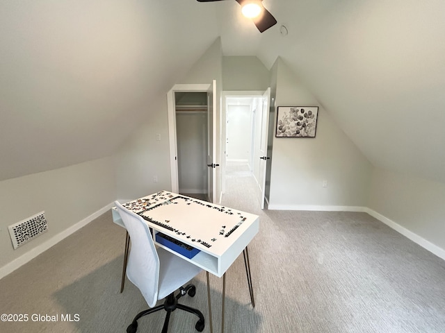 354 Mohawk Ave, Scotia, NY 12302 - home office featuring a ceiling fan, vaulted ceiling, baseboards, and carpet floors