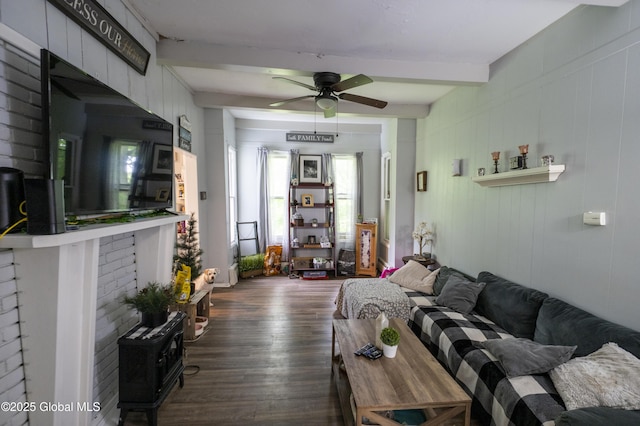 1356 W High St, Ballston Spa, NY 12020 - living area with dark wood-style flooring, beamed ceiling, and ceiling fan