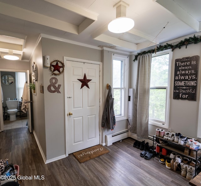 1356 W High St, Ballston Spa, NY 12020 - foyer featuring dark wood-style flooring, a baseboard radiator, baseboards, beam ceiling, and coffered ceiling
