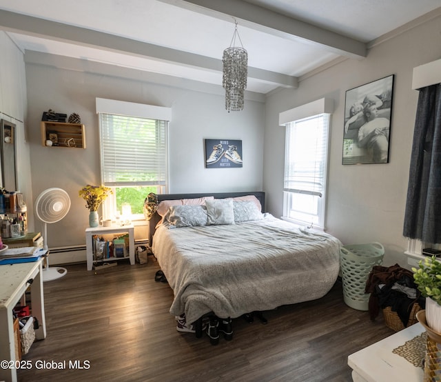 1356 W High St, Ballston Spa, NY 12020 - bedroom featuring beam ceiling, wood finished floors, a baseboard radiator, and a chandelier