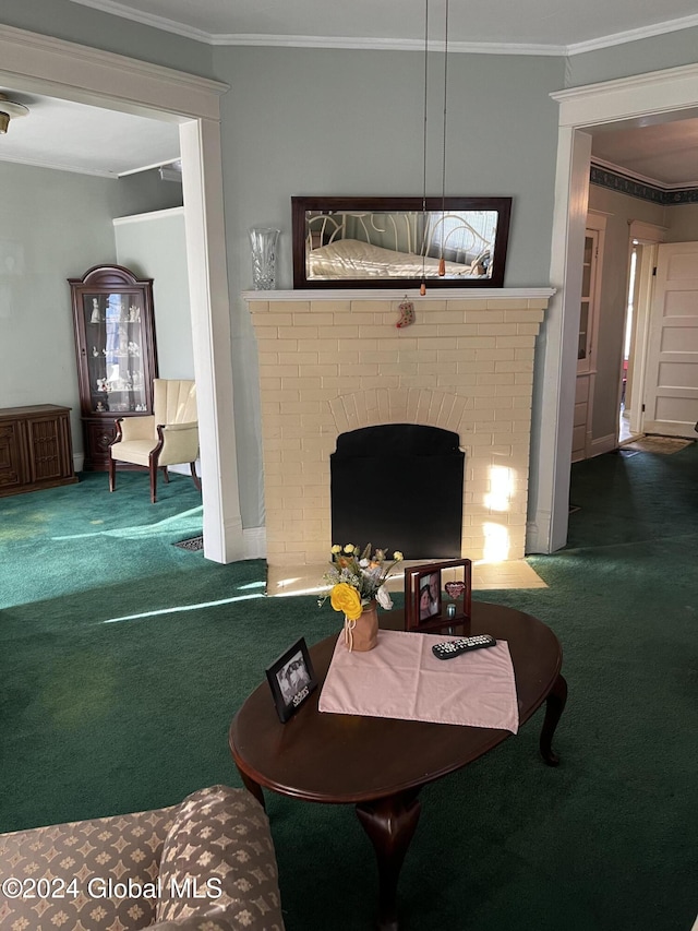 1643 Rugby Rd, Schenectady, NY 12309 - living area featuring carpet, crown molding, and a brick fireplace