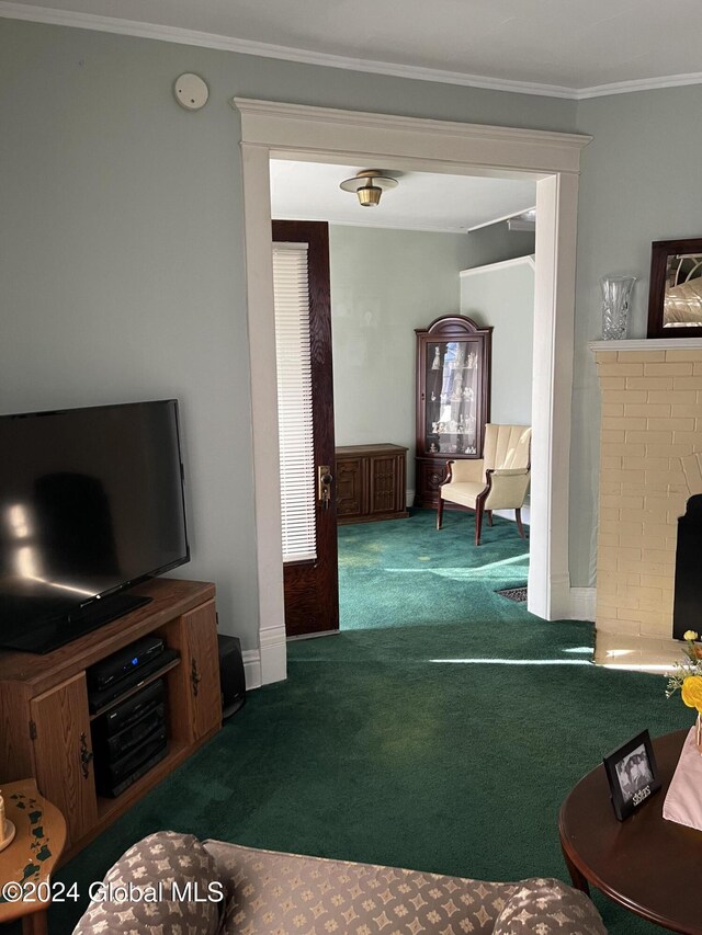 1643 Rugby Rd, Schenectady, NY 12309 - carpeted living room featuring a fireplace, ornamental molding, and baseboards
