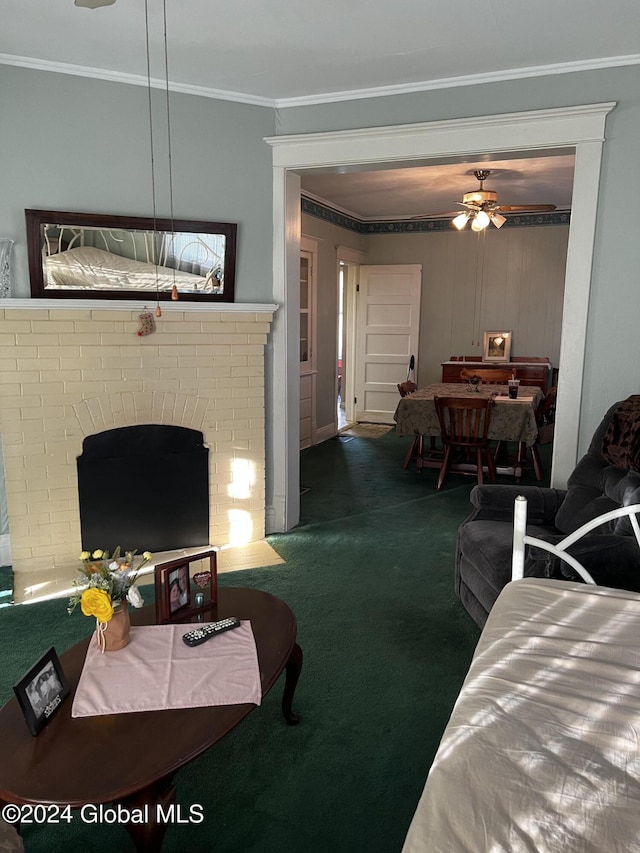 1643 Rugby Rd, Schenectady, NY 12309 - carpeted living area with ceiling fan, crown molding, and a brick fireplace