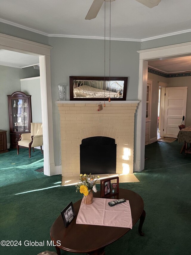 1643 Rugby Rd, Schenectady, NY 12309 - living room with carpet flooring, crown molding, ceiling fan, and a fireplace