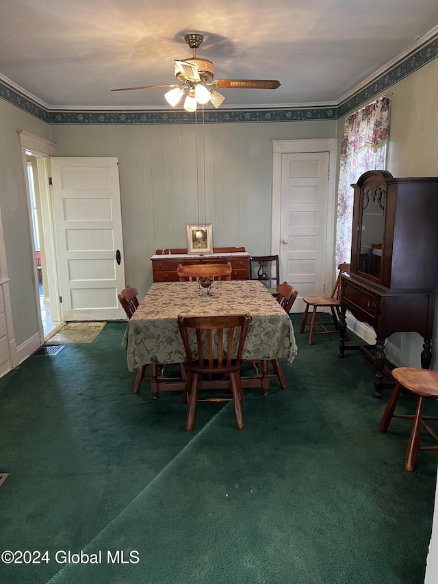 1643 Rugby Rd, Schenectady, NY 12309 - dining area featuring carpet floors, a ceiling fan, and crown molding