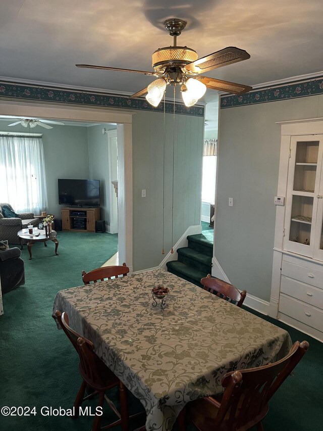 1643 Rugby Rd, Schenectady, NY 12309 - carpeted dining space featuring a ceiling fan and stairs