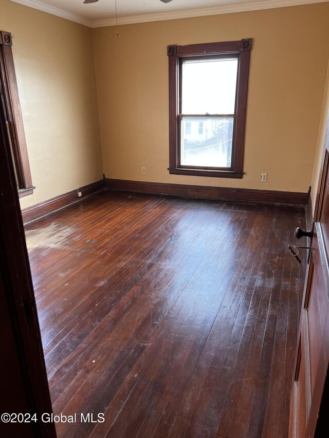 1643 Rugby Rd, Schenectady, NY 12309 - spare room with dark wood-type flooring, crown molding, a ceiling fan, and baseboards