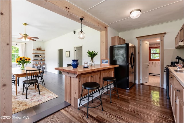 1301 State Route 313, Cambridge, NY 12816 - kitchen featuring freestanding refrigerator, wooden counters, dark wood finished floors, and plenty of natural light