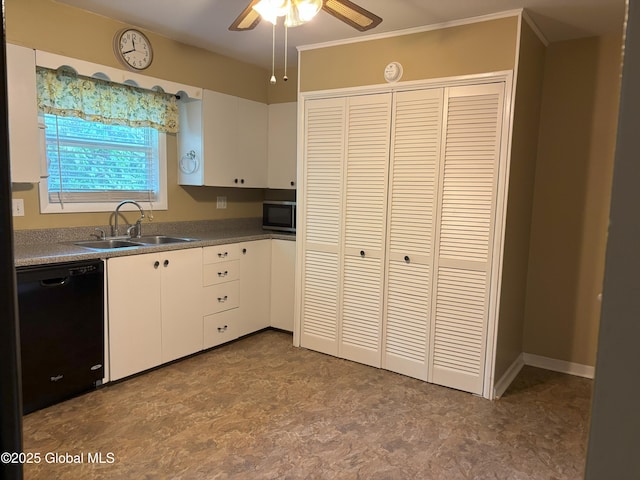 3 State Cir, Gloversville, NY 12078 - kitchen featuring dishwasher, a sink, stainless steel microwave, ceiling fan, and white cabinetry