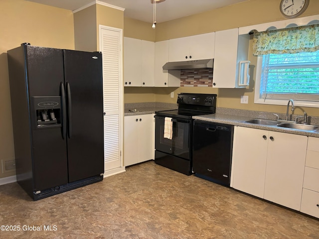 3 State Cir, Gloversville, NY 12078 - kitchen featuring black appliances, a sink, under cabinet range hood, tile patterned floors, and white cabinetry