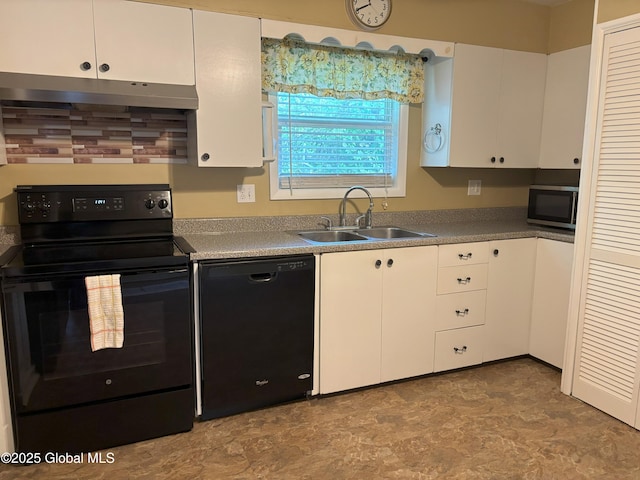 3 State Cir, Gloversville, NY 12078 - kitchen with black appliances, a sink, under cabinet range hood, and white cabinets
