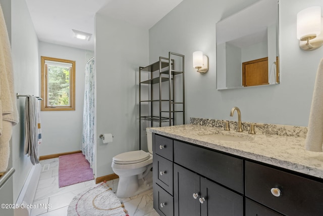 6175 Hawes Rd, Guilderland, NY 12009 - bathroom with marble look tile flooring, toilet, baseboards, and vanity