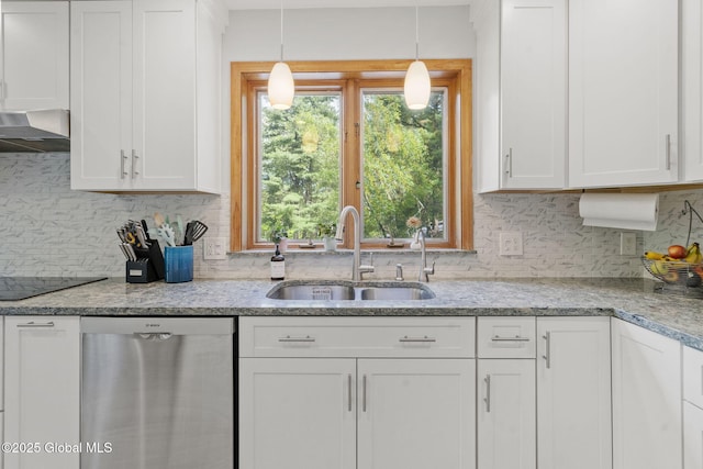 6175 Hawes Rd, Guilderland, NY 12009 - kitchen featuring stainless steel dishwasher, a sink, white cabinetry, black electric cooktop, and backsplash