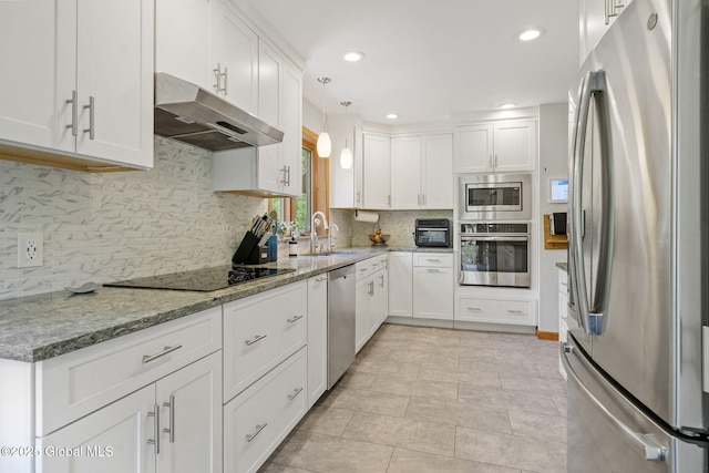6175 Hawes Rd, Guilderland, NY 12009 - kitchen with appliances with stainless steel finishes, under cabinet range hood, a sink, white cabinetry, and recessed lighting